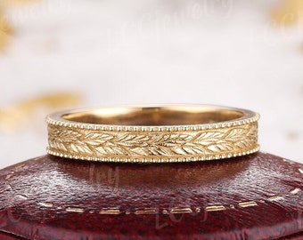 Nature Inspired Leaf Design Mens Wedding Band Unique Yellow Gold Unisex Wedding Ring Stacking Matching Ring Anniversary rings For Men