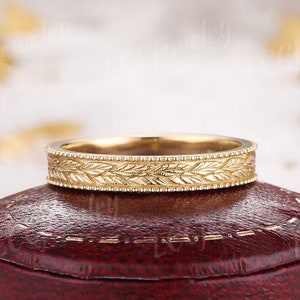 Nature Inspired Leaf Design Mens Wedding Band Unique Yellow Gold Unisex Wedding Ring Stacking Matching Ring Anniversary rings For Men