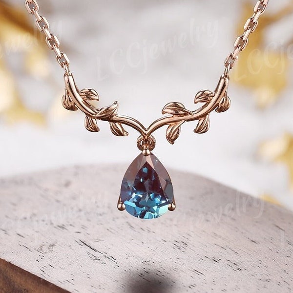 Vintage Alexandrite Spring Leaf Necklace Pendant Women Anniversary Necklace Rose Gold Necklace For Engagement Ring graduation gifts For Mom