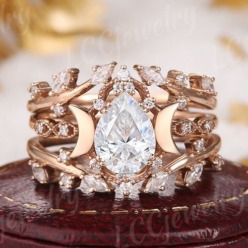 Pearl Engagement Ring Set Unique Wedding Set Rose Gold Wedding - Etsy