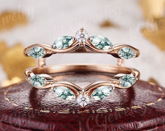 Nature Moss Agate Double Curved Wedding Band Unique Moss Agate Diamond Ring Enhancer And Wraps Rose Gold Handmake Jewelry Rings For Women