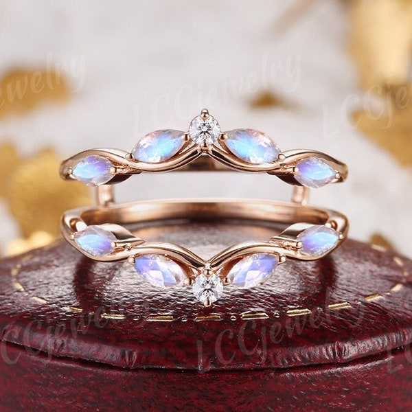 Blue Moonstone Double Curved Wedding Band Unique Diamond Ring Enhancer And Wraps Rose Gold Handmake Jewelry Custom Stackable Rings For Women