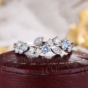 Anillo de boda vintage de aguamarina con diseño floral de hojas inspirado en la naturaleza, anillo de compromiso de diamantes, anillos apilables de oro blanco a juego para mujer, regalo personalizado