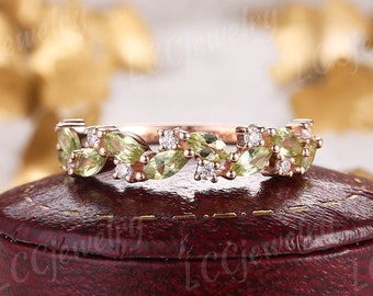 Unique Marquise Peridot Wedding Band Leaf Floral Diamond Bridal Band Half Eternity Promise Ring Rose Gold Stacking Matching Rings For Women