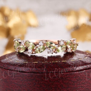 Unique Marquise Peridot Wedding Band Leaf Floral Diamond Bridal Band Half Eternity Promise Ring Rose Gold Stacking Matching Rings For Women