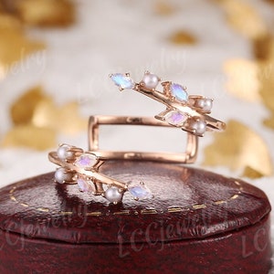 Unique Moonstone Leaf Wedding Band Leaf Branch Ring Enhancers And Wraps Art Deco Curved Pearl Wedding Band Rose Gold Stacking Ring For Women