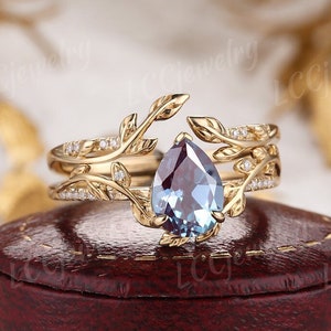 Vintage Alexandrite Floral Engagement Rings Rose Gold Alexandrite Wedding Ring Set Moissanite Leaf Wedding Band Anniversary Rings For Women