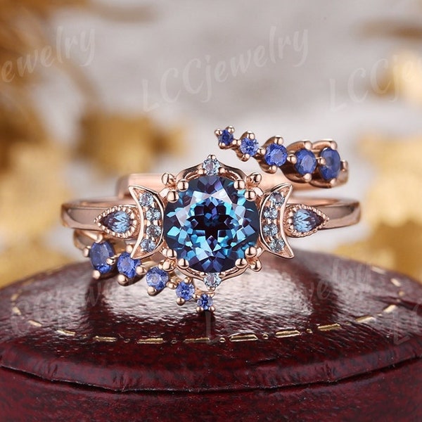 Vintage Round Alexandrite Engagement Rings Rose Gold Alexandrite Moon Wedding Ring Set Sapphire Curved Enhancer Wedding Band Rings For Women