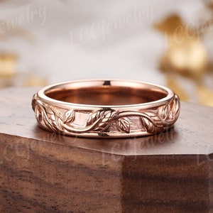 Vintage Rose Gold Mens Rings Wedding Band Nature Inspired Leaf Wedding Band Stacking Matching Couple Rings For Men Anniversary Gift For Him