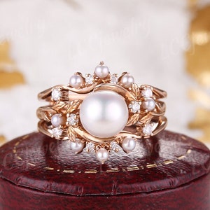 Akoya Perle Verlobungsring Set Vintage Rose Gold Moissanit Gebogener Ehering Blatt Design Ehering Handmake Schmuck für Frauen