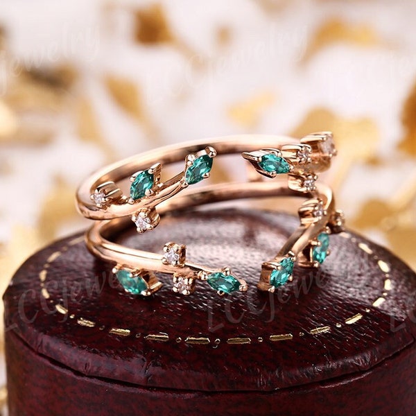 Vintage Emerald Ring Enhancers And Wraps Unique Double Curved Leaf Wedding Band Stacking Matching Ring Rose Gold Bridal Rings For Women
