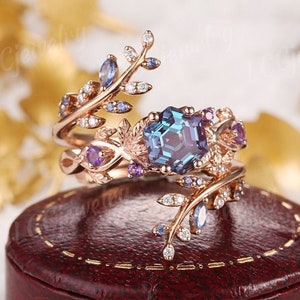 Vintage Alexandrite Floral Engagement Ring Set Rose Gold Alexandrite Wedding Ring Set Leaf Sapphire Enhancer Wedding Band Rings For Women