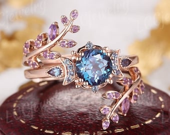 Vintage Alexandrite Engagement Ring Set Rose Gold Sailor Moon Inspired Wedding Ring Set Leaf Amethyst Enhancer Wedding Band Rings For Women