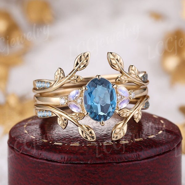 Unique Oval Landon Topaz Wedding Ring Set Blue Gemstone Engagement Rings Yellow Gold Leaf Ring Enhancer Wedding Band Custom Rings for Women