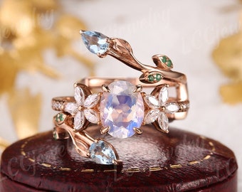 Moonstone Floral Engagement Ring Set Moissanite Wedding Ring Unique Aquamarine Leaf Enhancer Ring Set Emerald Stacking Wedding Band Women