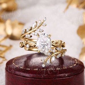 Unique Oval Moissanite Engagement Ring Set Vintage Marquise Cut Moissanite Leaf Enhancer Wedding Band Handmake Anniversary Rings For Women