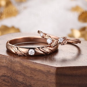 2pcs Leaf Couple Rings Set For Men and Women Men wedding band Moissanite engagement ring Wedding ring set Vintage gold Diamond bridal set