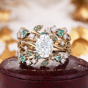Vintage Yellow Gold Moissanite Wedding Ring Set Leaf Engagement Ring Unique Teal Sapphire Double Curved Wedding Band Diamond Rings For Women