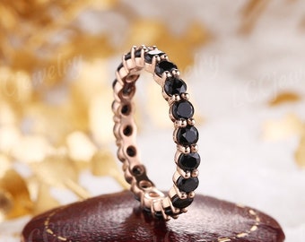 Vintage Black Spinel Wedding Band Unique Full Eternity Stacking Wedding Ring Art Deco Rose Gold Bridal Band Black Gemstone Rings For Women