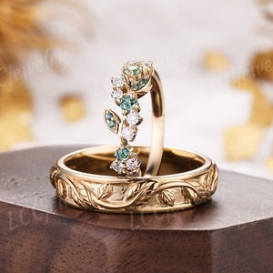 2pcs Leaf Couple Rings Set for Men and Women Men Wedding Band Green Sapphire Floral Engagement Ring Wedding Ring Set Handmake Jewelry Etsy