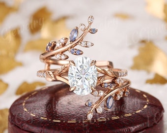Vintage Floral Moissanite woodland Engagement Ring Set Unique Rose Gold Moissanite Wedding Ring Sapphire Curved Wedding Band Rings For Women