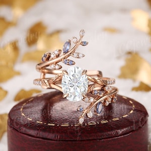 Vintage Floral Moissanite woodland Engagement Ring Set Unique Rose Gold Moissanite Wedding Ring Sapphire Curved Wedding Band Rings For Women