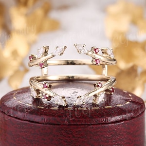 Unique Ruby Ring Enhancers and wraps Double Curved Moissanite Wedding Band Branch Wedding Band Vintage Rose Gold Diamond Rings For Women