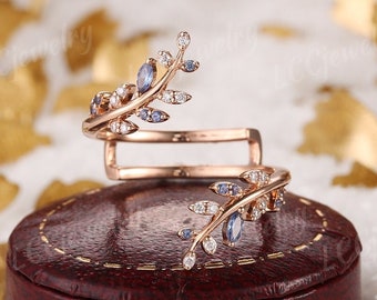 Cornflower Sapphire Leaf Wedding Band Diamond Floral Ring Enhancer Rose Gold Moissanite Double Curved Wedding Band Matching Rings For Women