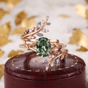Vintage Green Sapphire leaf Engagement Ring Set Rose Gold Wedding Ring Sapphire Enhancer Wedding Band Custom Promise Rings For Women