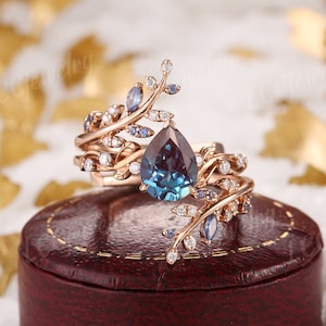 Unique Opal Engagement Ring Set Vintage Leaf Floral Pear Wedding Ring Set Rose Gold Sapphire Enhancer Wedding Band Women Handmake Jewelry Etsy
