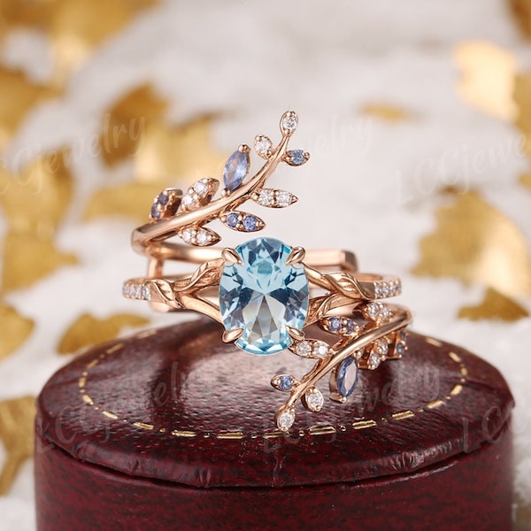 Unique Aquamarine Leaf Floral Engagement Ring Set Vintage Rose Gold Wedding Ring Sapphire Curved Wedding Band Anniversary Rings For Women