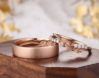 2pc Moissanite Couple Ring Set Unique Rose Gold Leaf Design male and female Wedding Ring Set Diamond Bridal Ring Set Promise Gift For Couple