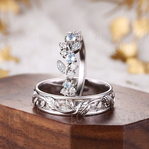 Leaf Couple Rings Set For Men and Women, mens wedding band, Aquamarine floral engagement ring, white gold wedding ring set, handmake jewelry