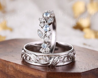 Leaf Couple Rings Set For Men and Women, mens wedding band, Aquamarine floral engagement ring, white gold wedding ring set, handmake jewelry