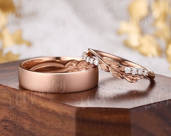 2pc Moissanite Couple Rings Unique Rose Gold Leaf Design male and female Wedding Ring Set Diamond his and hers wedding band rings For Couple