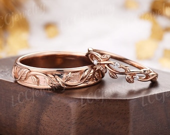 Couples Ring Set for Men and Women Twig Wedding Ring Set Rose Gold