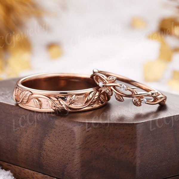 Paare Ring Set für Männer und Frauen Zweig Hochzeit Ring Set Rose Gold Natur inspiriert Blatt Zweig Diamant Verlobungsringe Herren Ehering