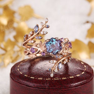 Vintage Alexandrite Floral Engagement Ring Set Rose Gold Alexandrite Wedding Ring Set Leaf Sapphire Enhancer Wedding Band Rings For Women image 1