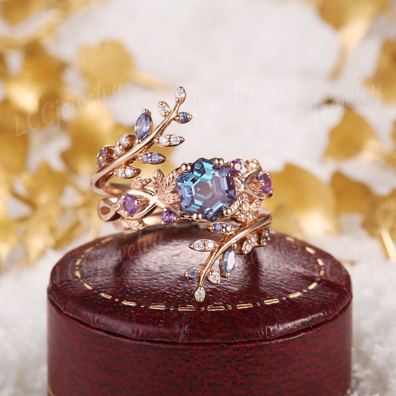 Vintage Alexandrite Floral Engagement Ring Set Rose Gold Alexandrite Wedding Ring Set Leaf Sapphire Enhancer Wedding Band Rings For Women image 1