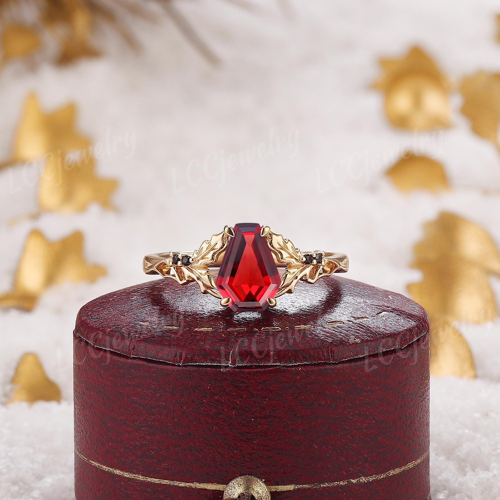 Vintage Coffin Cut Vampire Ruby Engagement Ring Gold Unique Bat