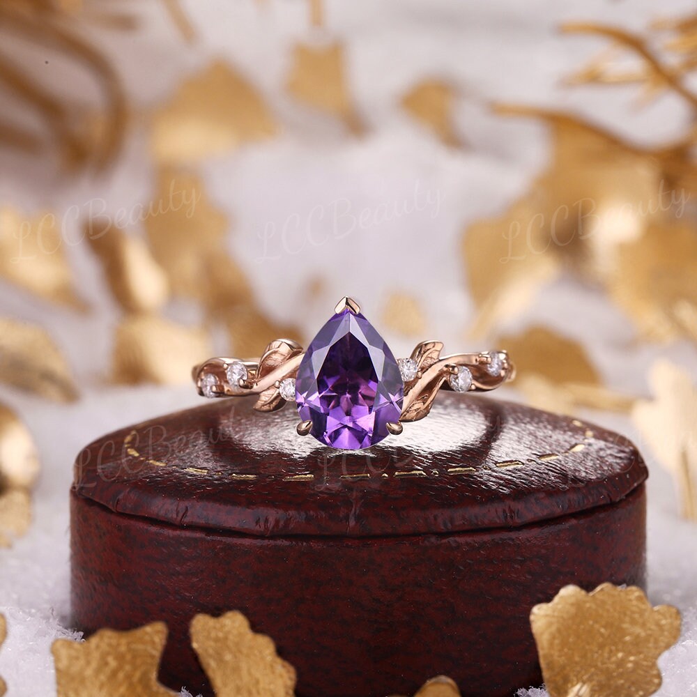 Vintage Purple Sapphire Leaf Wedding Ring Set Rose Gold
