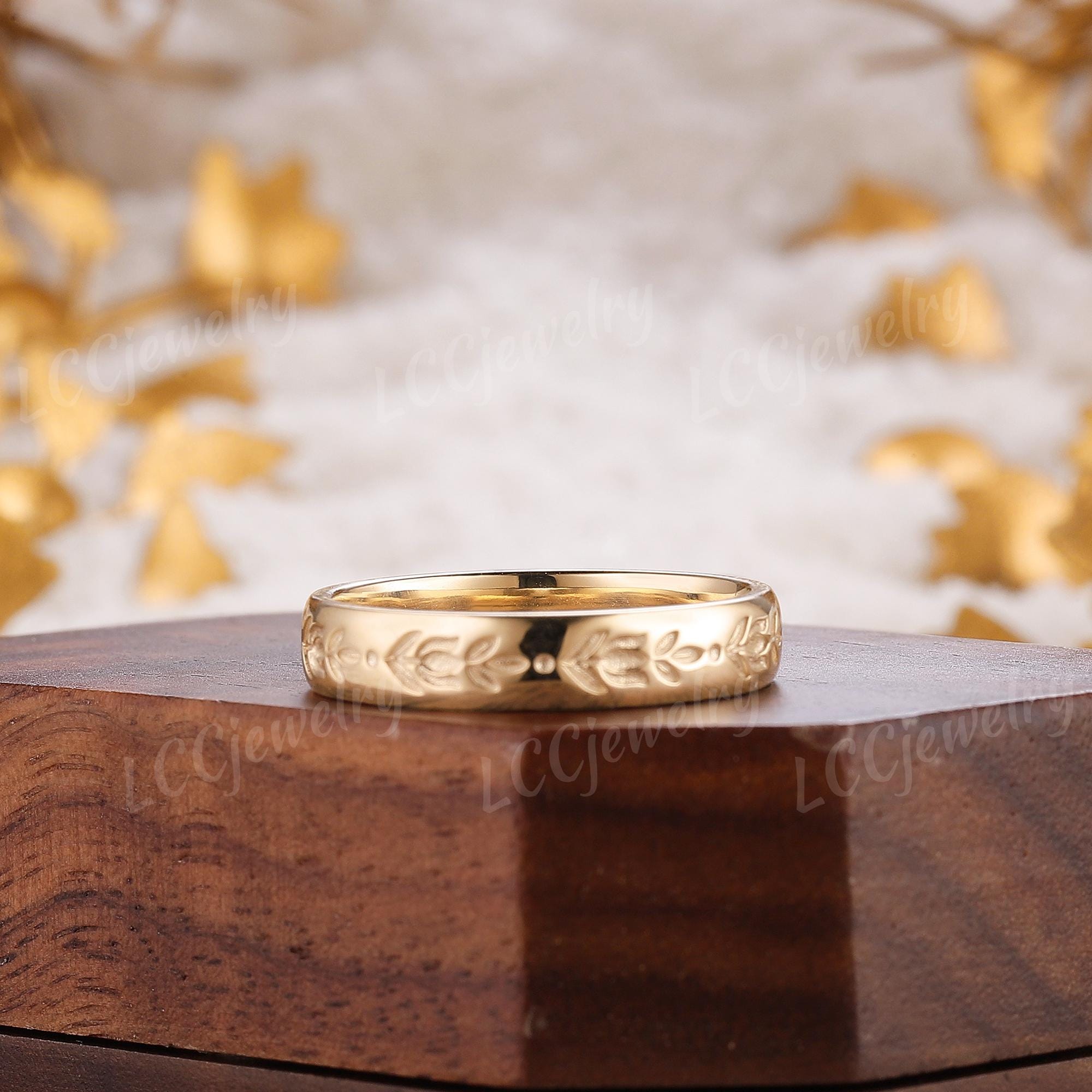 4MM Tulip Flower Design Mens Wedding Band Unique Yellow Gold