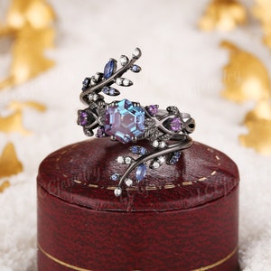 Vintage Alexandrite Floral Engagement Ring Set Gothic Black Gold Amethyst Wedding Ring Leaf Sapphire Enhancer Wedding Band Rings For Women image 6