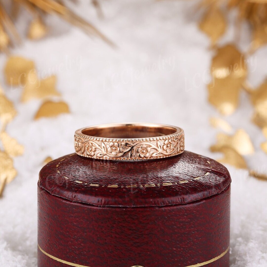Vintage Men Wedding Ring Rose Gold Unique Nature Inspired Floral Design Wedding Band Stacking