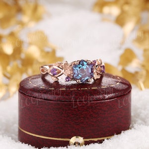 Vintage Alexandrite Floral Engagement Ring Set Rose Gold Alexandrite Wedding Ring Set Leaf Sapphire Enhancer Wedding Band Rings For Women 1pc main ring