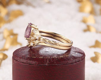 Nature Inspired Fireworks Cut Alexandrite Engagement Ring Set