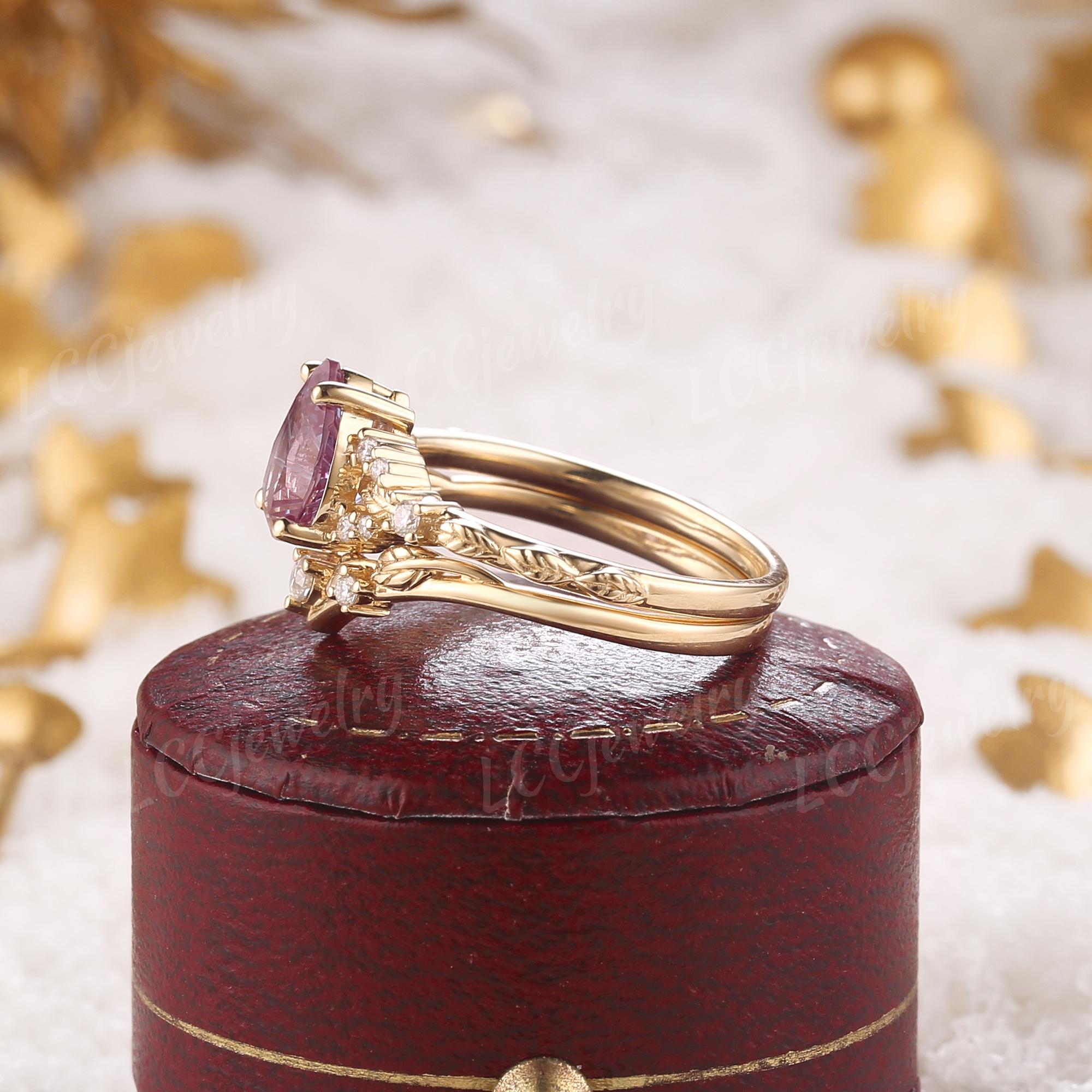 Nature Inspired Fireworks Cut Alexandrite Engagement Ring Set