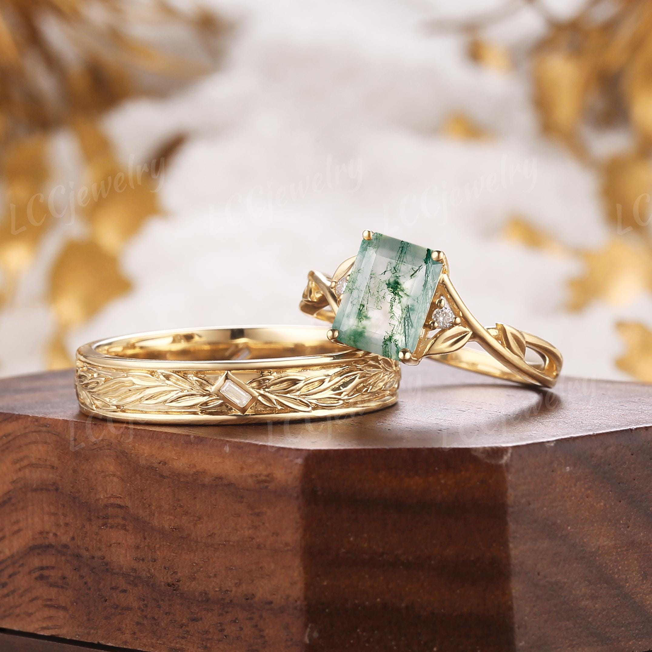 Seiyang Anillo De Compromiso De ágata Musgo Natural De Plata De Ley 925 Con ágata Musgo, Juego De Anillos De Compromiso De Promesa De Boda, Regalo De Joyería Para Mujer, Plata