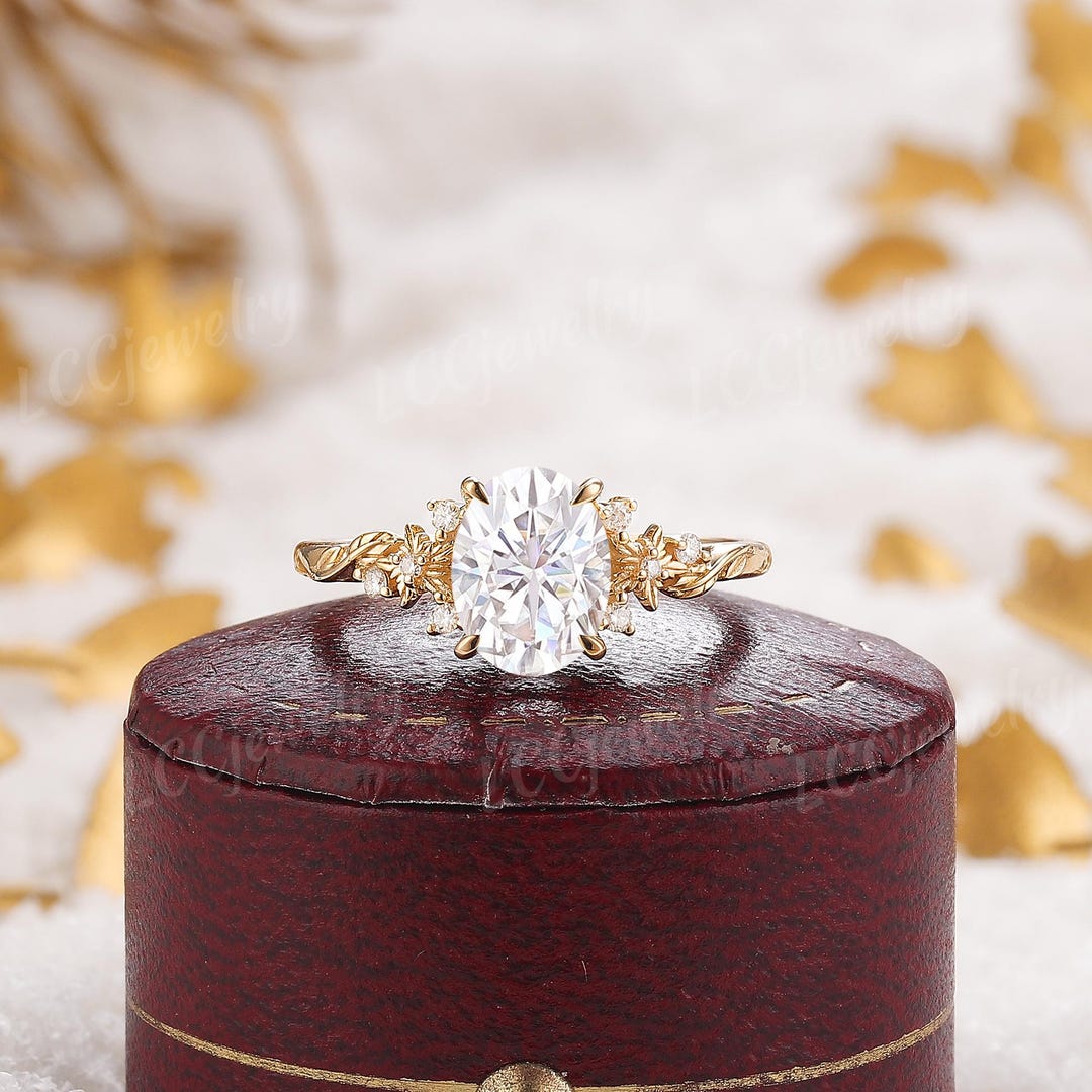 Delicate Oval Cut Moissanite Leaf Floral Engagement Ring Yellow Gold ...