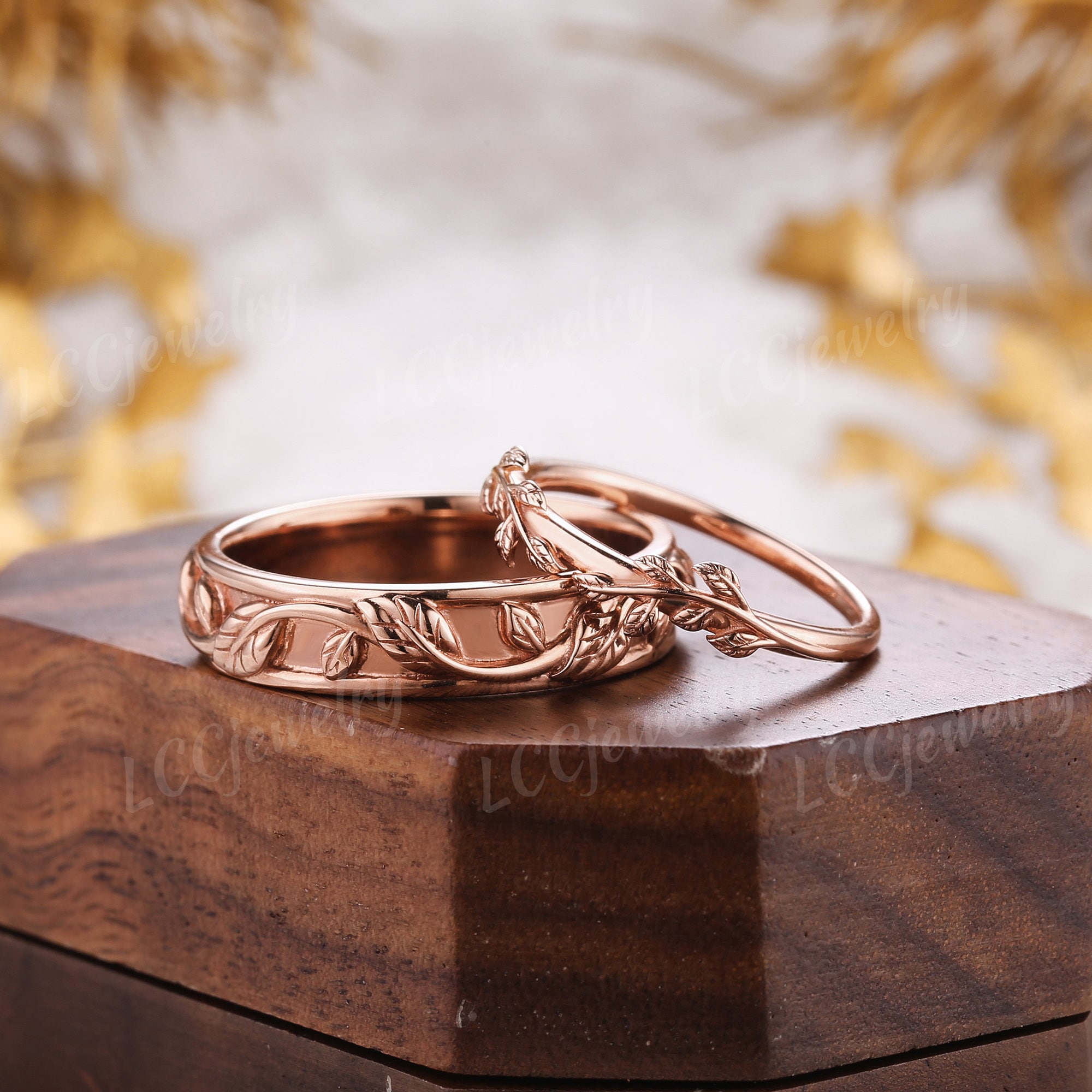 2pc Couples Ring Set for Men and Women Rose Gold Nature Inspired